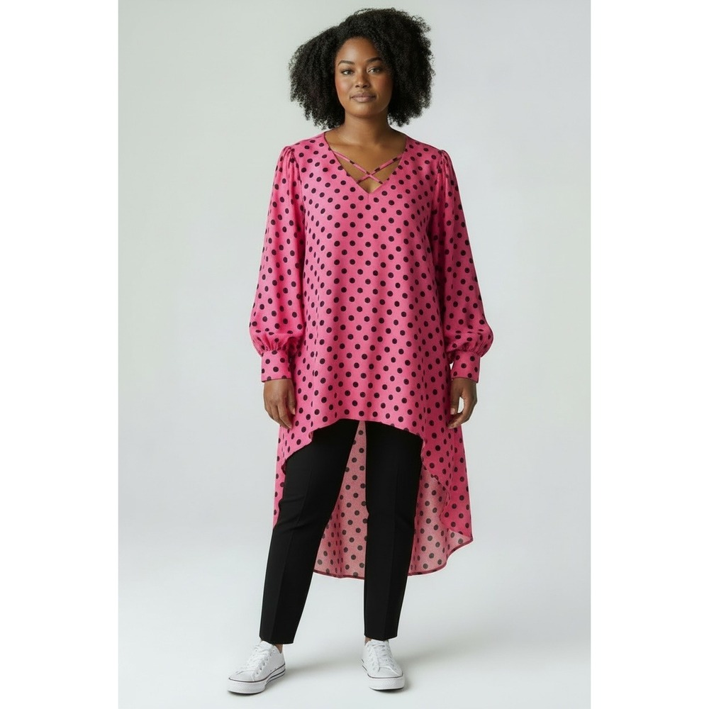 Funky Barbiecore Cato Polka Dot High Low Tunic,‎ 22/24W, Pink Black